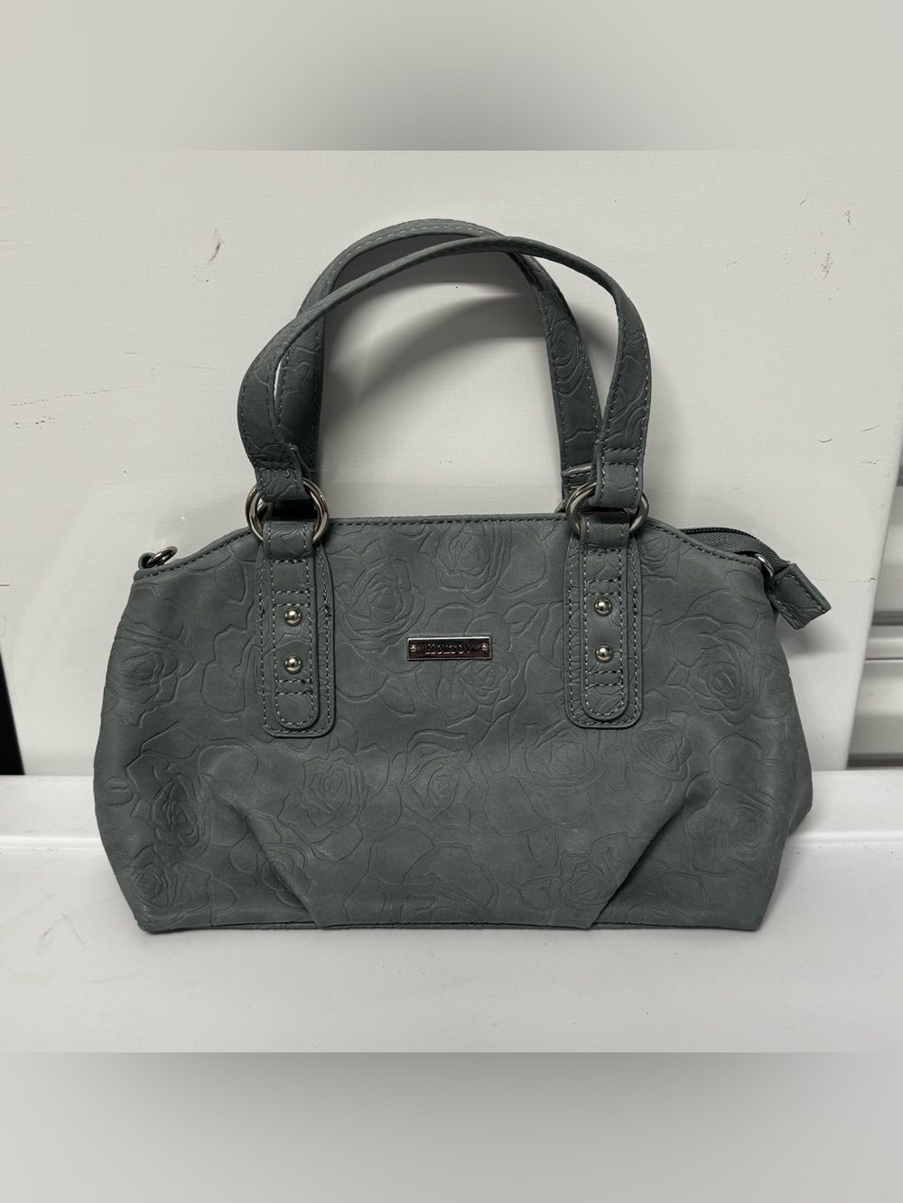 Embossed Floral Grey Structured Satchel Bag